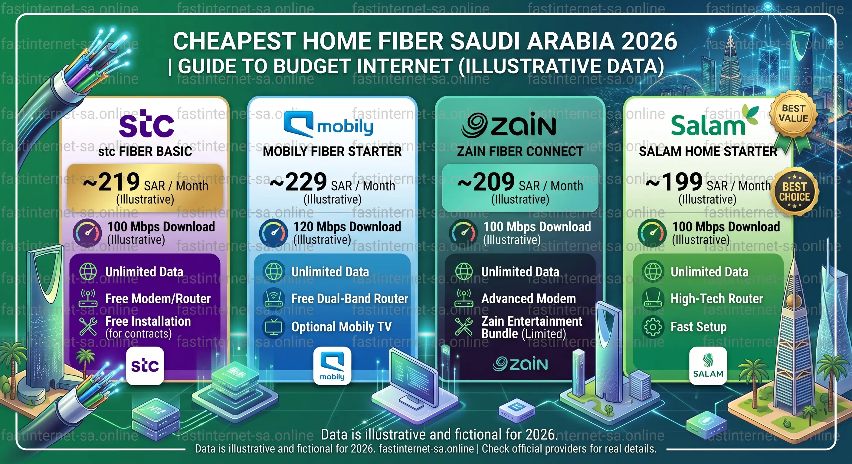 أرخص إنترنت منزلي فايبر في السعودية 2026 – مقارنة باقات STC وسلام بالأسعار