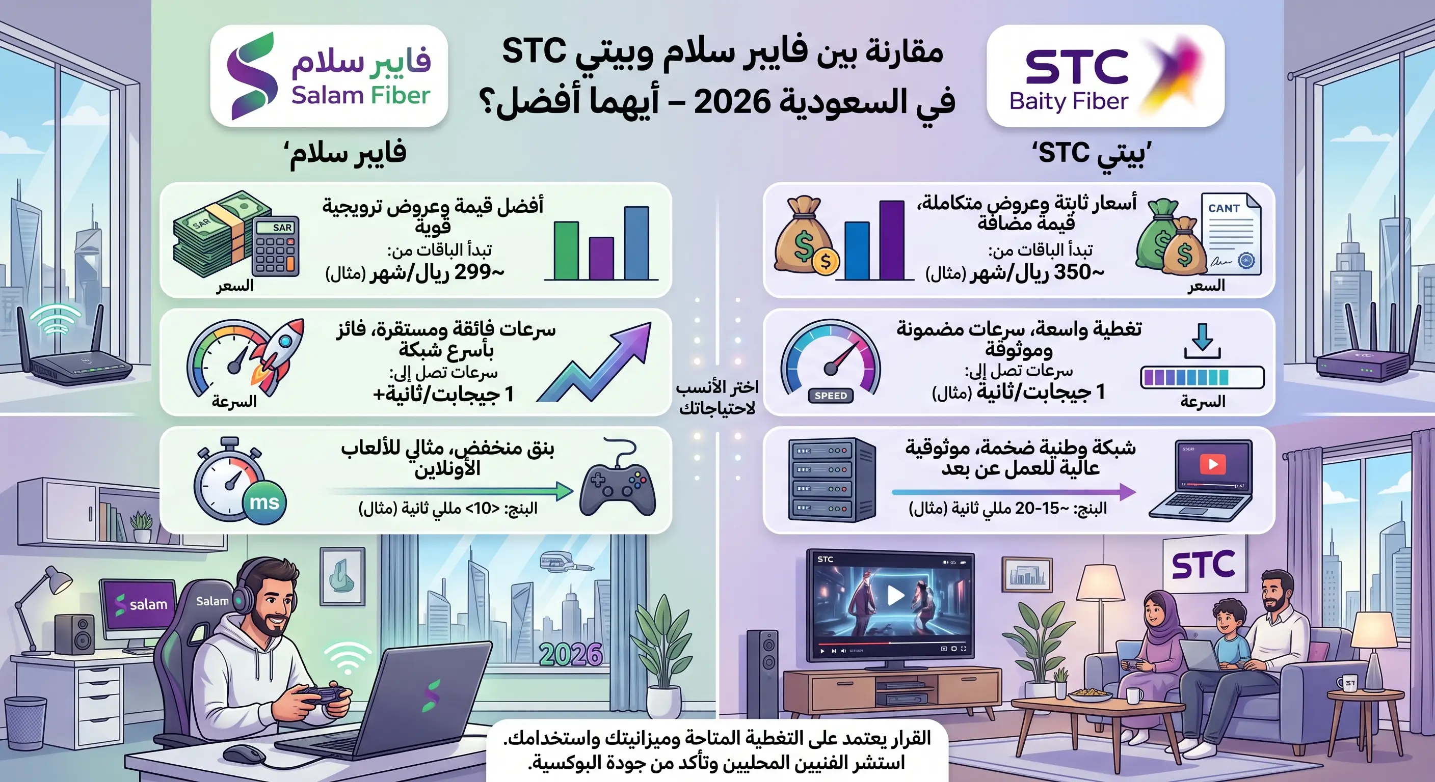 مقارنة بين فايبر سلام وبيتي STC في السعودية 2026 – أيهما أفضل في السعر والسرعة والبنج؟